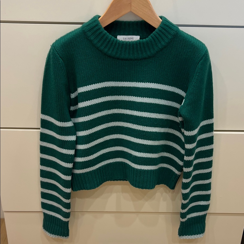 La Ligne Emerald and Blue Striped Crew Neck Sweater